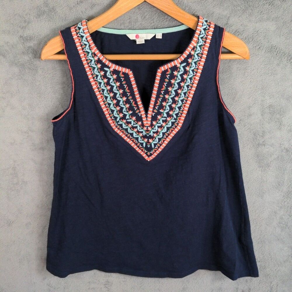 Boden Embroidered Sleeveless Top Notch Neck Size 6 Colorful Stitching Blouse
